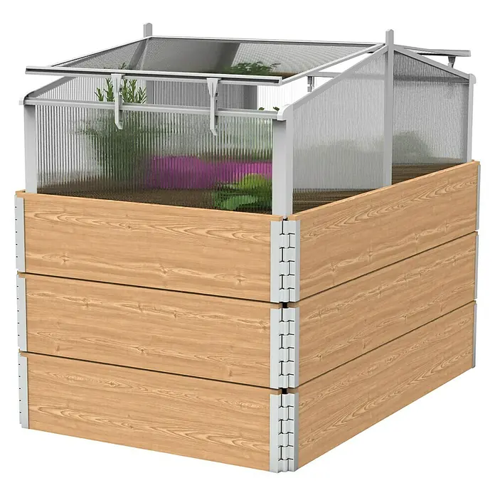 Juwel Frühbeet-Aufsatz Easy-Fix 120/80 - L x B x H: 120 x 80 x 40 cm - Das Bild zeigt ein Hochbeet mit transparentem Aufsatz. Ideal für den Garten oder Balkon, um Gemüse anzubauen.