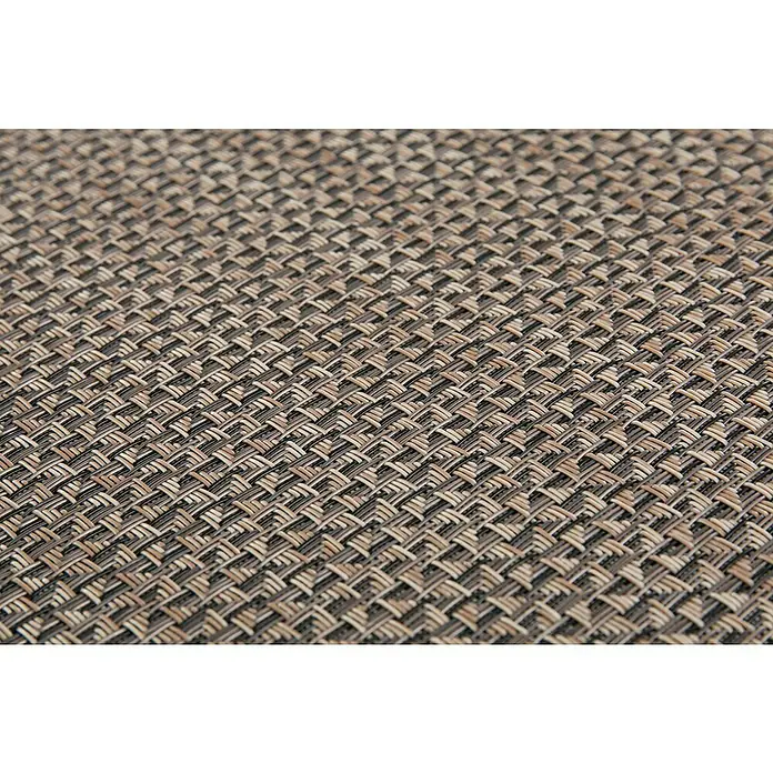 Teppichläufer Soft - Dunkelbeige, 150 x 50 cm, 79 % Polyvinylchlorid, 21 % Polyester - Nahaufnahme eines gewebten Tischsets mit einem Muster aus braunen und beigen Fasern. Das Tischset hat eine deutliche Textur und ein diagonales Webmuster.