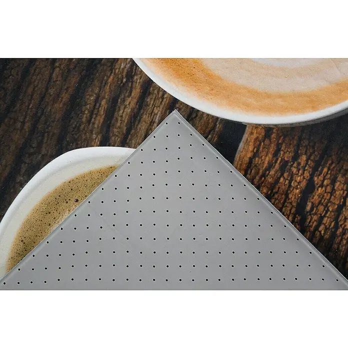 Läufer Kitchen - Coffee, 150 x 50 cm - Nahaufnahme einer grau gepunkteten Tischdecke auf einem Tisch mit Kaffeetassen-Motiv.