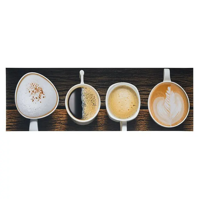 Läufer Kitchen - Coffee, 150 x 50 cm - Eine Reihe von Kaffeetassen mit unterschiedlichen Kaffeesorten, darunter Cappuccino, Espresso und Latte Art, auf einem dunklen Holztisch.