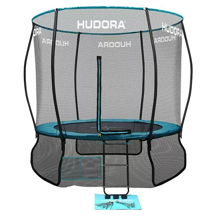 Trampolin - Durchmesser: 290 cm, Schwarz/Türkis - Schwarzes Trampolin mit blauer Sicherheitsverkleidung und Netz, inklusive silberner Leiter.
