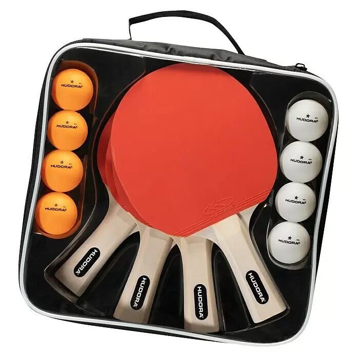 Hudora Tischtennis-Set Friends - 13 -tlg. - Ein schwarzer Koffer enthält ein HUDORA Tischtennis-Set mit zwei roten Schlägern und acht Bällen (4 orange, 4 weiß).