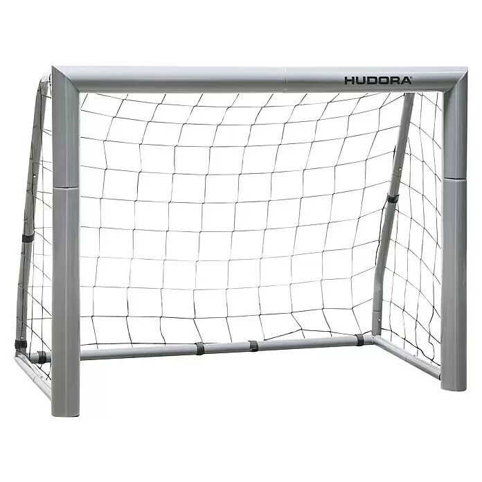 Hudora Fußballtor Expert 120 - 120 x 80 x 60 cm, Grau - Graues Metall-Fußballtor mit schwarzem Netz, "HUDORA" auf der oberen Stange.