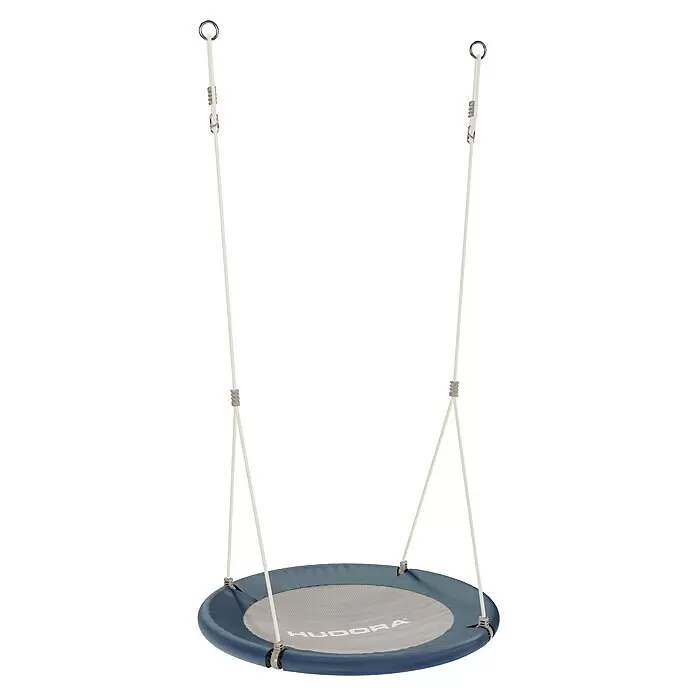 Hudora Nestschaukel Lounge 90 - Durchmesser: 90 cm, Aluminium, Blau - Runder Nestschaukel mit blauem, gepolstertem Rand und grauer Netzfläche, an Seilen aufgehängt.