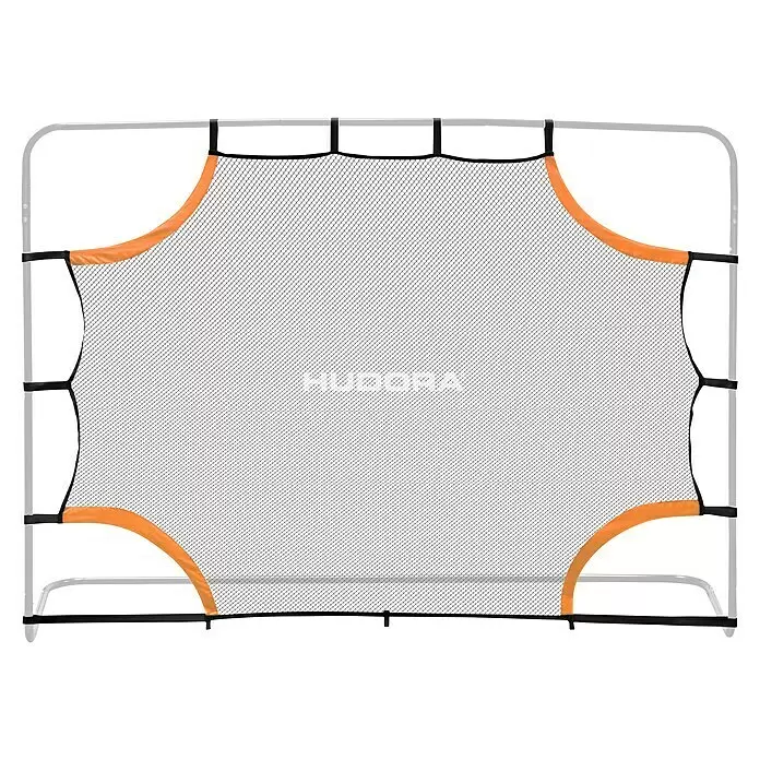 Hudora Fußballtor Small - Schwarz/Orange - Grauer Fußball-Rebounder mit schwarzem Netz und orangefarbenen verstärkten Ecken.