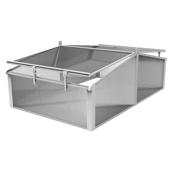 Juwel Frühbeet-Aufsatz Easy-Fix 120/80 - L x B x H: 120 x 80 x 40 cm - Das Bild zeigt ein geräumiges, rechteckiges Frühbeet aus transparentem Material mit einem aufklappbaren Dach für optimale Pflanzenpflege.