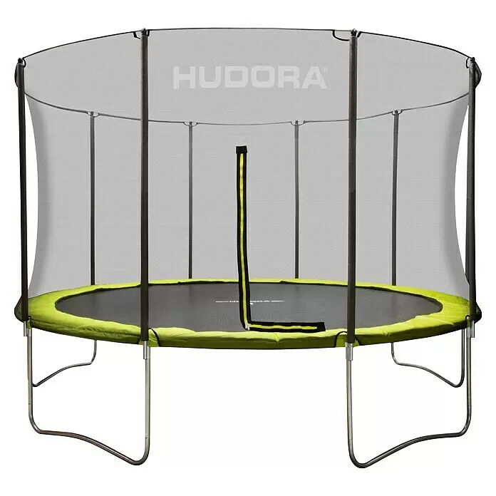 Hudora Trampolin Fabulous 400 - Durchmesser: 400 cm, Schwarz/Grün - Rundes Trampolin mit schwarzem Sprungtuch, grüner Polsterung, Sicherheitsnetz und Stützstangen.