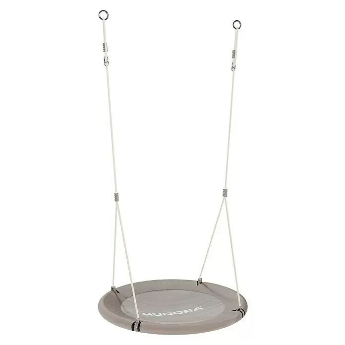 Hudora Nestschaukel Lounge 90 - Durchmesser: 90 cm, Stahl, Sand - Runde graue HUDORA Nestschaukel mit Stoffrand und Netzmitte, an Seilen mit Metallringen aufgehängt.