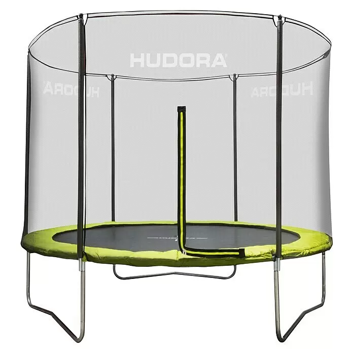 Hudora Trampolin Fabulous 300 - Durchmesser: 300 cm, Schwarz/Grün - Rundes HUDORA Trampolin mit grünem Sicherheitsrand, schwarzer Sprungmatte und Sicherheitsnetz mit gelbem Reißverschlussakzent.