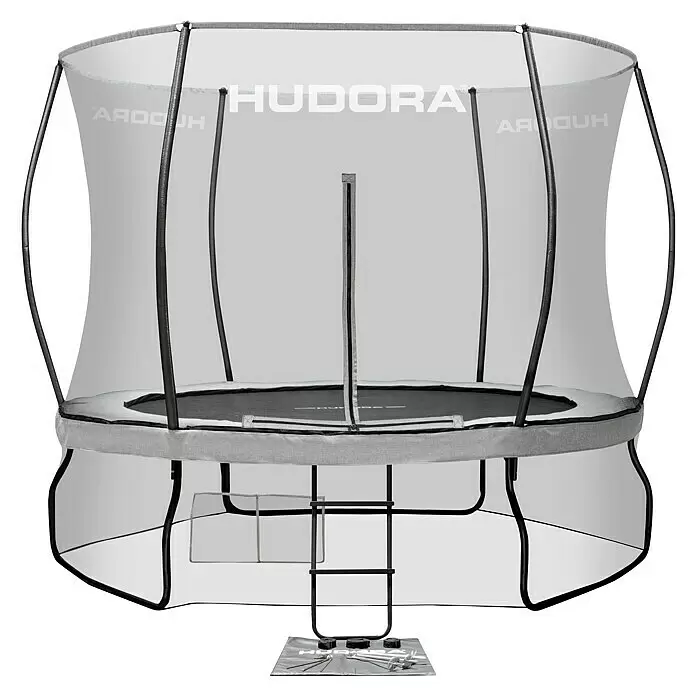 Trampolin - Durchmesser: 340 cm, Schwarz/Grau - Graues und schwarzes Trampolin mit transparentem Sicherheitsnetz und Einstiegsleiter.