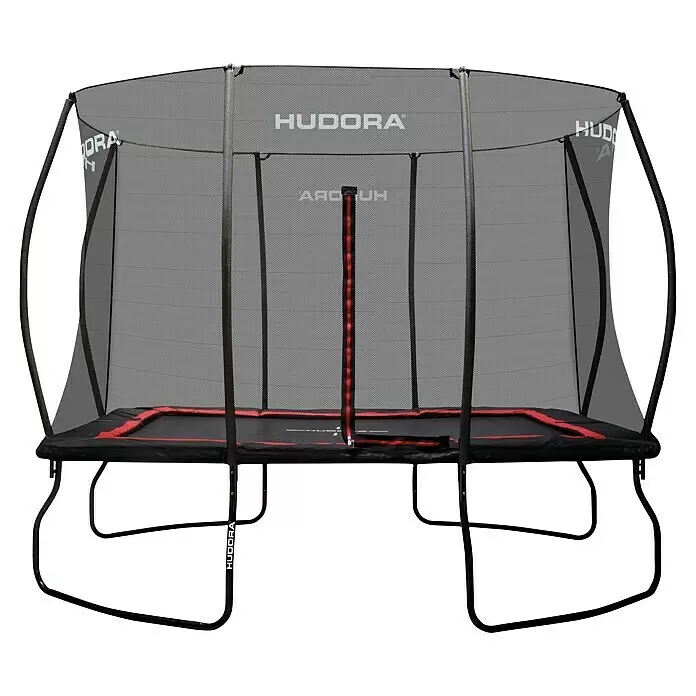 Hudora Trampolin 4Square - 349 x 264 cm, Schwarz/Rot - Rechteckiges schwarzes Trampolin mit roten Akzenten und Sicherheitsnetz, Marke HUDORA.