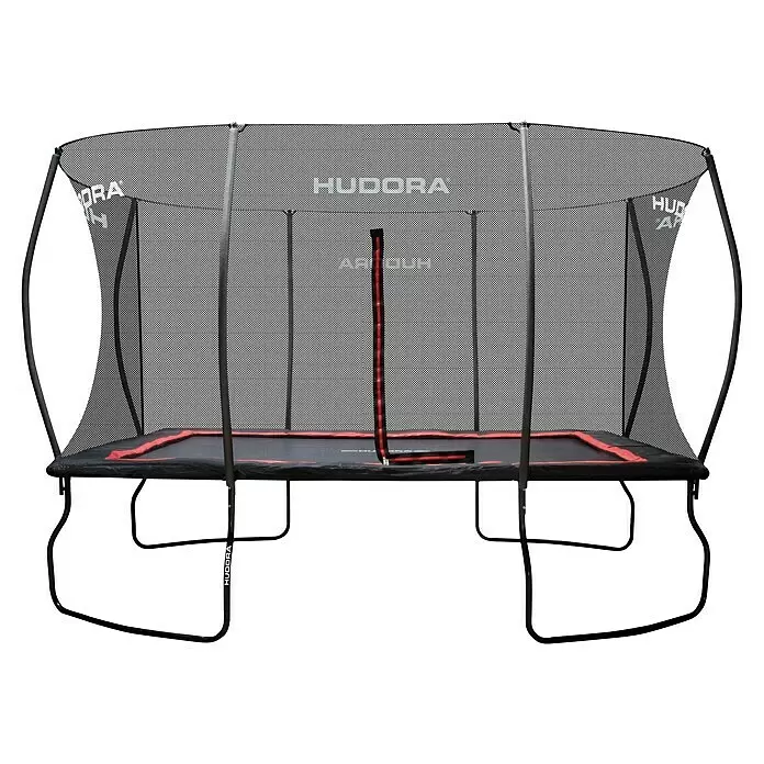 Hudora Trampolin 4Square - 410 x 288 cm, Schwarz/Rot - Schwarzes, rechteckiges Trampolin mit roten Akzenten, Sicherheitsnetz und robustem schwarzem Rahmen.