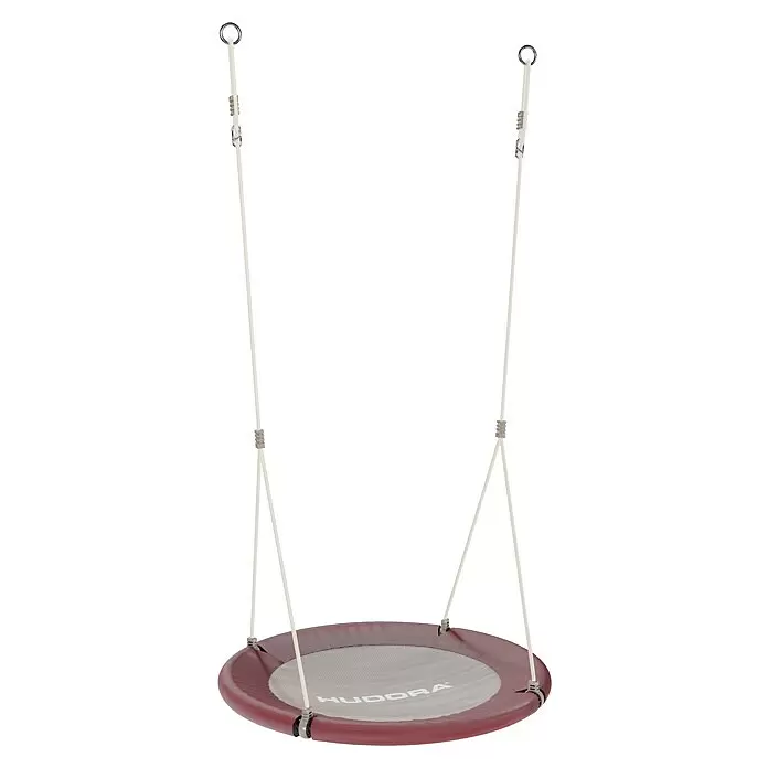 Hudora Nestschaukel Lounge 90 - Durchmesser: 90 cm, Aluminium - Runde rote Nestschaukel mit grauer Netzplattform, weißen Seilen und Metallaufhängeringen.
