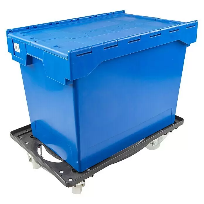 Caja Euro 6444-T - 75 l, L x An x Al: 60 x 40 x 40 cm - Contenedor de plástico azul con tapa sobre un carro con ruedas.