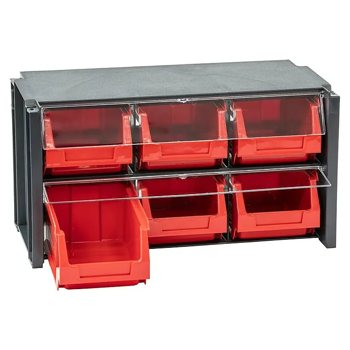 Tayg Organizador de piezas pequeñas - L x An x Al: 36 x 19 x 17 cm, Número de cajones: 6 ud. - Estantería organizadora con seis cajones rojos y cubiertas transparentes, ideal para taller o garaje para guardar piezas pequeñas.