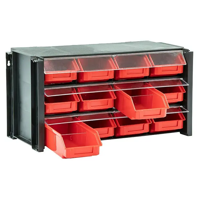 Tayg Organizador de piezas pequeñas - L x An x Al: 36 x 19 x 17 cm, Número de cajones: 12 ud. - Armario de herramientas organizado con cajones transparentes, ideal para almacenar piezas pequeñas en talleres y salas de pasatiempos.