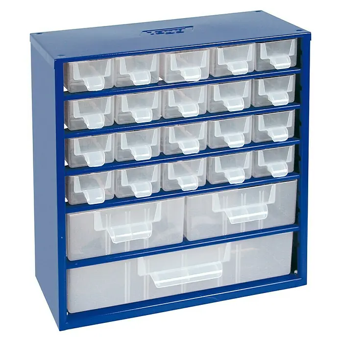 Tayg Organizador de piezas pequeñas - L x An x Al: 14,5 x 32,8 x 30,5 cm, Número de cajones: 23 ud. - Armario de cajones azul con cajones transparentes para guardar piezas pequeñas y accesorios. Ideal para taller y sala de manualidades.