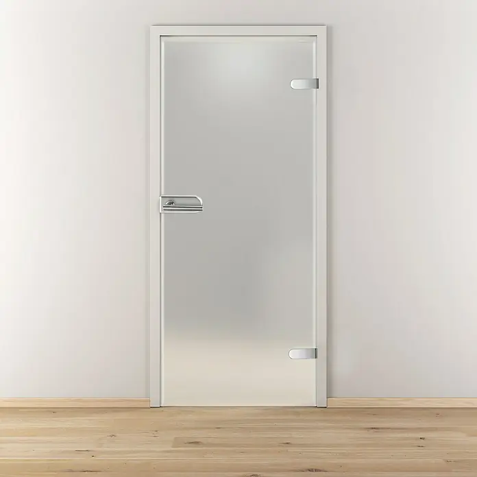 Diamond Doors Glasdrehtür Luminato - 834 x 1.972 mm, DIN Rechts, Einscheibensicherheitsglas (ESG), Bandbohrung/Bänder: Studio 2-teilig - Elegante satinierte Glastür mit minimalistischem Design und modernen Beschlägen. Perfekt für ein stilvolles Interieur.