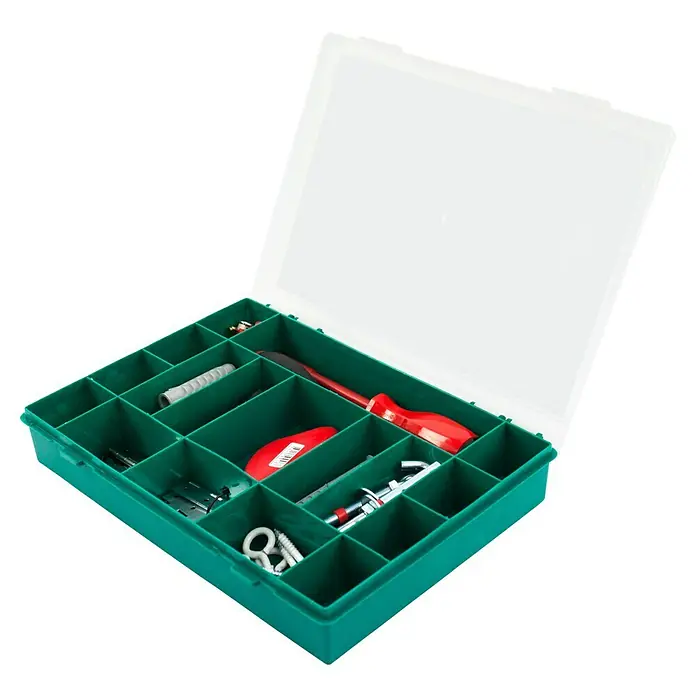 Tayg Estuche para piezas pequeñas - L x An x Al: 24,7 x 33 x 5,4 cm, Número de compartimentos: 17 ud. - Caja de herramientas verde abierta con tapa transparente llena de varias herramientas y sujetadores.