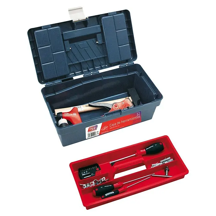 Tayg Caja para herramientas - L x An x Al: 16,6 x 40 x 21,7 cm, Capacidad volumétrica: 10 l - Caja de herramientas gris abierta con herramientas y bandeja roja con destornilladores y otras herramientas.
