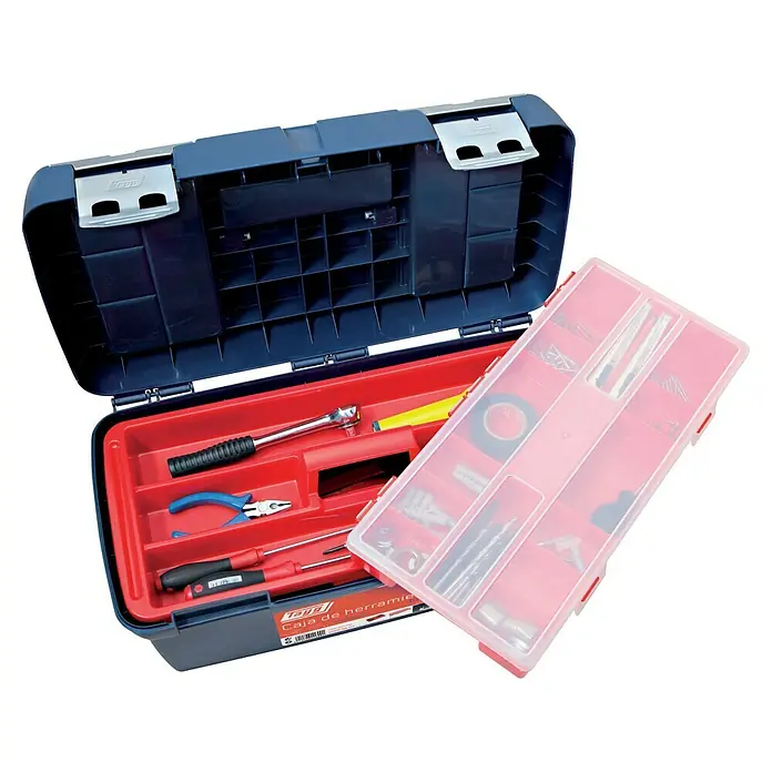 Tayg Caja para herramientas - L x An x Al: 25,8 x 50 x 25,5 cm, Capacidad volumétrica: 23 l - Caja de herramientas abierta con varias herramientas y accesorios, organizados en compartimentos, diseñada para aficionados al bricolaje y profesionales.