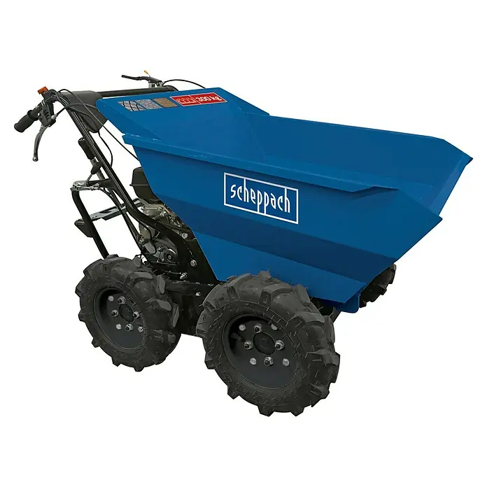 Scheppach Raddumper DP 3000 - 4.100 W, 196 cm³, Fassungsvermögen: 125 l, Benzin - Bild eines Scheppach Radladers mit vier Rädern, ideal für den Transport von Lasten bis 300 kg im Garten oder auf der Baustelle.