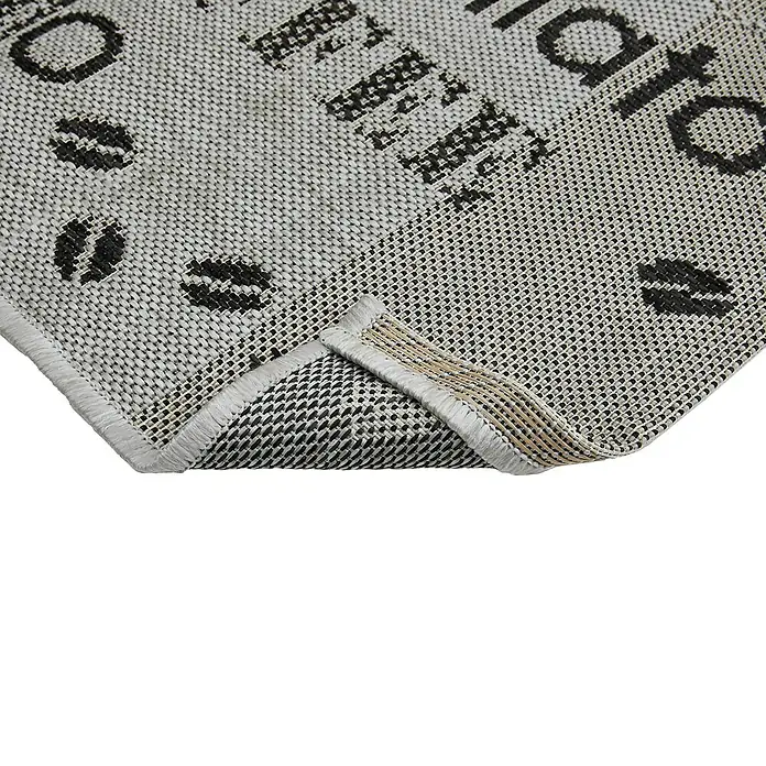 Teppichläufer Arizona - Grau, 150 x 50 cm, 100 % Polypropylen - Detailansicht eines stilvollen Teppichs mit Kaffeebohnen- und Schriftzugmuster, ideal für Kaffeeliebhaber und moderne Einrichtungen.