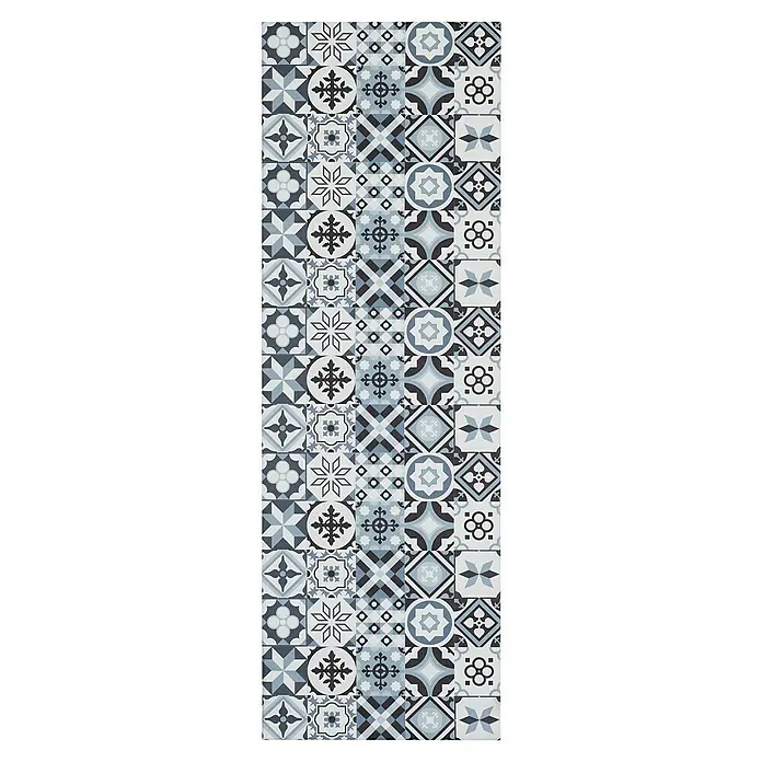 Teppichläufer MarrakeschGrau, 150 x 50 cm, 100 % Polyvinylchlorid - Dekorfliese mit einem Vintage-Design, bestehend aus verschiedenen blauen und grauen Mustern für stilvolle Akzente in jedem Raum.