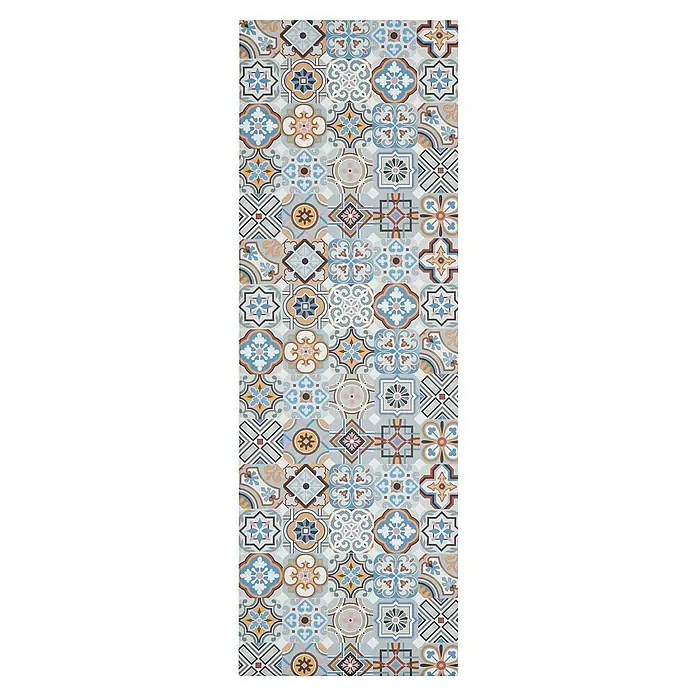 Teppichläufer Marrakesch - Blau, 150 x 50 cm, 100 % Polyvinylchlorid - Detailaufnahme eines Teppichs mit einem Muster aus bunten, quadratischen Zementfliesen. Die Fliesen sind in verschiedenen Farben und Mustern gehalten.
