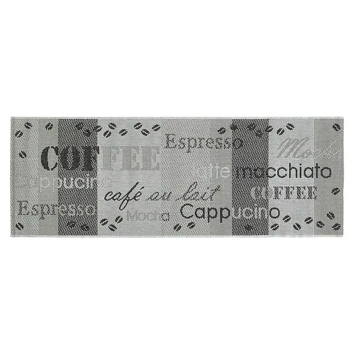 Teppichläufer Arizona - Grau, 150 x 50 cm, 100 % Polypropylen - Geschirrtuch mit Kaffeemotiven, beschriftet mit "Coffee", "Espresso" und "Café au lait", für eine gemütliche Küchenatmosphäre.