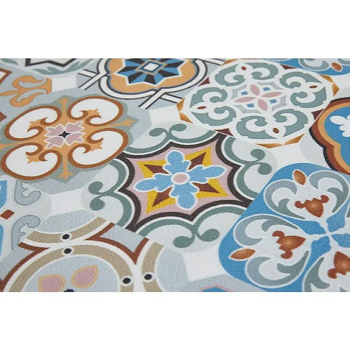 Teppichläufer MarrakeschBlau, 150 x 50 cm, 100 % Polyvinylchlorid - Nahaufnahme des Musters einer Vinylbodenmatte mit verschiedenen dekorativen Motiven für ein stilvolles und praktisches Bodendesign.