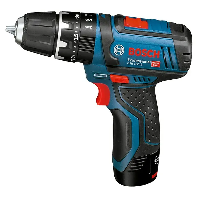 Bosch Professional Taladro atornillador percutor de batería GSB 12V-15 - 12 V, 2 baterías, 2 Ah, 30 Nm, 2 baterías y cargador - Imagen de un taladro inalámbrico azul Bosch GSB 12V-15 Professional, una herramienta fiable para tareas pesadas.