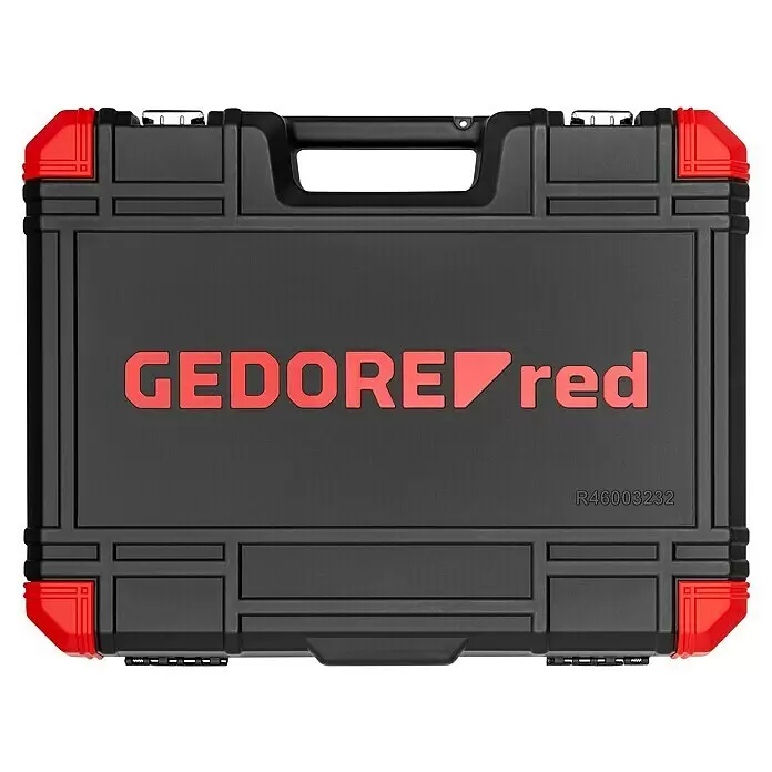 Gedore red Steckschlüssel-Set - 232 -tlg. - Schwarzer Kunststoff-Werkzeugkoffer mit roten Verschlüssen und Gedore Red Logo.