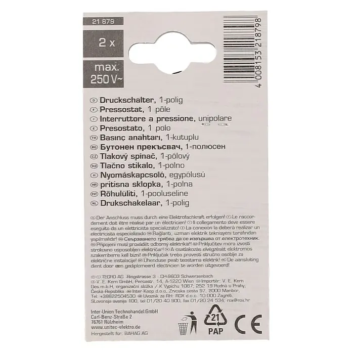 Profi Depot Einbau-Druckschalter - 250 V, 3 A, 2 Stk. - Abbildung einer Verpackung mit 2 Stück Druckschalter, 1-polig, mit einer maximalen Spannung von 250 V~.
