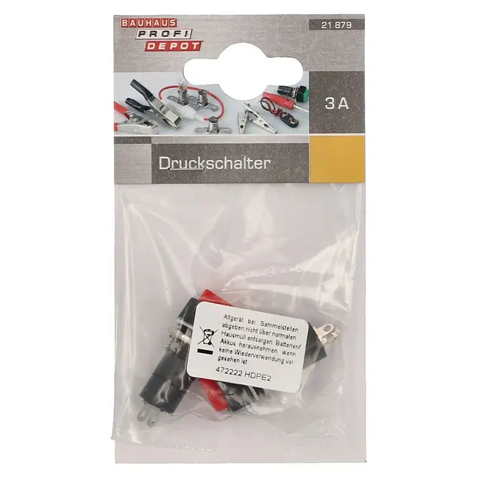Profi Depot Einbau-Druckschalter - 250 V, 3 A, 2 Stk. - Verpackter Druckschalter von Bauhaus Profi Depot, 3A, mit Recyclinghinweis und der Nummer 21879.