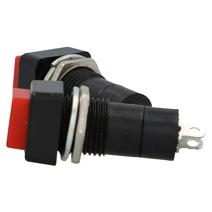Profi Depot Einbau-Druckschalter - 250 V, 3 A, 2 Stk. - Nahaufnahme von zwei Einbaubuchsen mit rotem Knopf und schwarzem Gehäuse, ideal für Elektronikprojekte und DIY-Anwendungen.