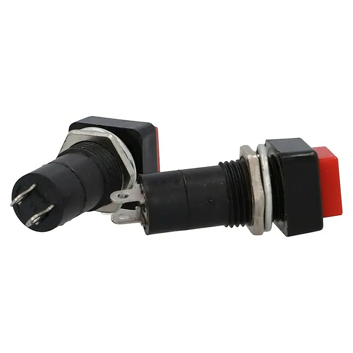 Profi Depot Einbau-Druckschalter - 250 V, 3 A, 2 Stk. - Zwei quadratische Drucktaster mit roten Knöpfen und Metallbefestigungen. Ideal für elektronische Projekte und DIY-Anwendungen.