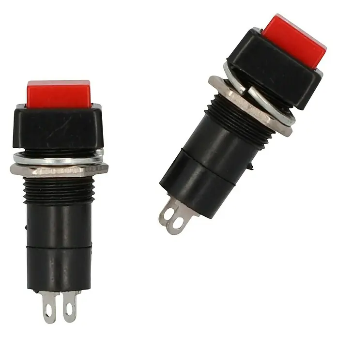 Profi Depot Einbau-Druckschalter - 250 V, 3 A, 2 Stk. - Zwei rote Druckknöpfe mit schwarzem Gehäuse und Befestigungsmutter auf schwarzem Hintergrund.