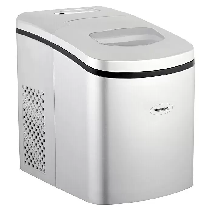 Sonnenkönig Eiswürfelmaschine Easy -  - Silberfarbener Eiswürfelbereiter mit Metallic-Finish, schwarzem Rand, transparentem Deckel und perforierter Seitenwand.