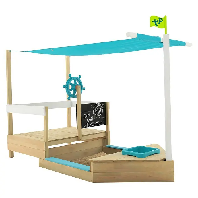 TP Toys Sandkasten Ahoy - 180 x 92 x 118 cm, Holz, Natur/Weiß, Blau - Dieser Sandkasten in Bootsform bietet mit Sonnendach, Lenkrad und Flagge viel Spaß beim Spielen im Freien.