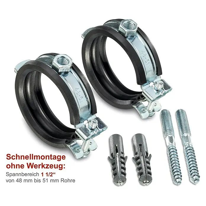 Click-Rohrschellen-Set - Durchmesser: 48 mm - 51 mm, 2 Stk. - Rohrschellen mit Gummieinlage zur schnellen und werkzeuglosen Montage, Spannbereich 1 1/2" für Rohre von 48 bis 51 mm.
