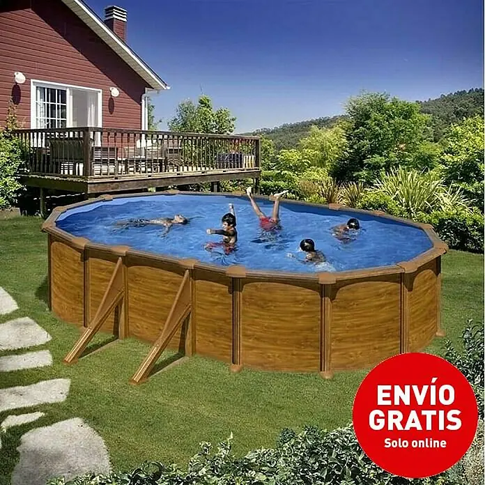 Gre Piscina de acero desmontable Mauritius - L x An x Al: 610 x 375 x 132 cm, Marrón claro, 23.281 l - Piscina ovalada de madera en el jardín con niños jugando. Envío gratis online incluido.