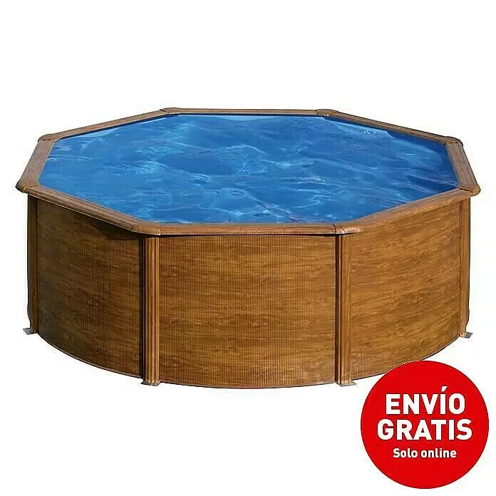 Gre Piscina de acero desmontable Sicilia - Ø x Al: 300 x 120 cm, Marrón claro, 7.418 l - Piscina octogonal desmontable con exterior efecto madera, llena de agua azul.