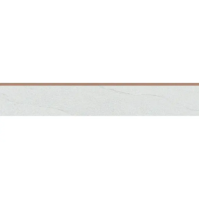 Zócalo cerámico - 7,4 x 45 cm, Blanco, Mate - La imagen muestra una elegante encimera de cocina con sutiles patrones de mármol, complementada por un estrecho borde de madera.