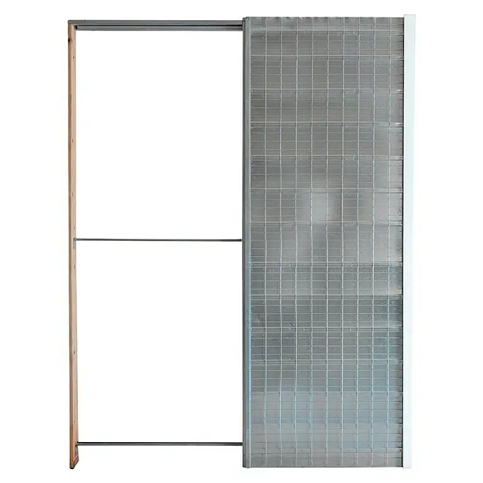 Odem Estructura de puerta corredera para pared de obra - 80 x 203 cm, grosor 90 mm, Pared de obra, Acero - En la imagen se muestra una pared divisoria con un marco de madera y metal y un relleno transparente con un patrón de cuadrícula cuadrada.