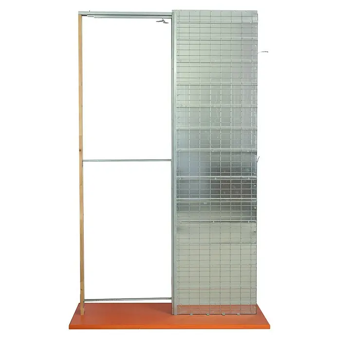 Odem Estructura de puerta corredera para pared de obra - 80 x 203 cm, grosor 90 mm, Pared de obra, Acero - En la imagen se muestra una pared divisoria móvil con un patrón de cuadrícula y un marco robusto, ideal para la gestión flexible del espacio.