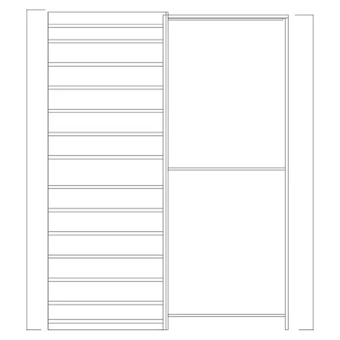 Odem Estructura de puerta corredera para pared de placa de yeso laminado Único - 80 x 203 cm, Grosor 90 mm, Pared de yeso, Acero - Bosquejo de una estantería moderna con muchos compartimentos a la izquierda y un compartimento más grande a la derecha.