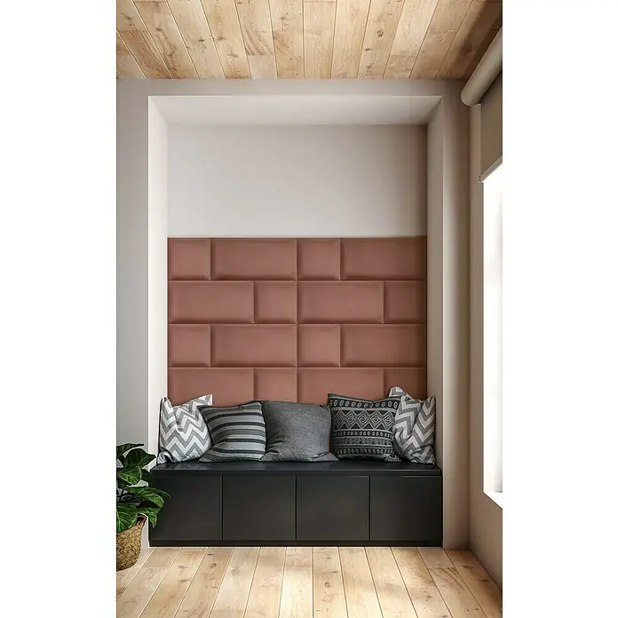 Fllow Wandpolster Jar - Apricot, 60 x 30 cm - Gemütliche Leseecke mit gepolsterter Wand in warmem Rosa, schwarzen Stauraum und hellen Holzboden. Kissen laden zum Verweilen ein.