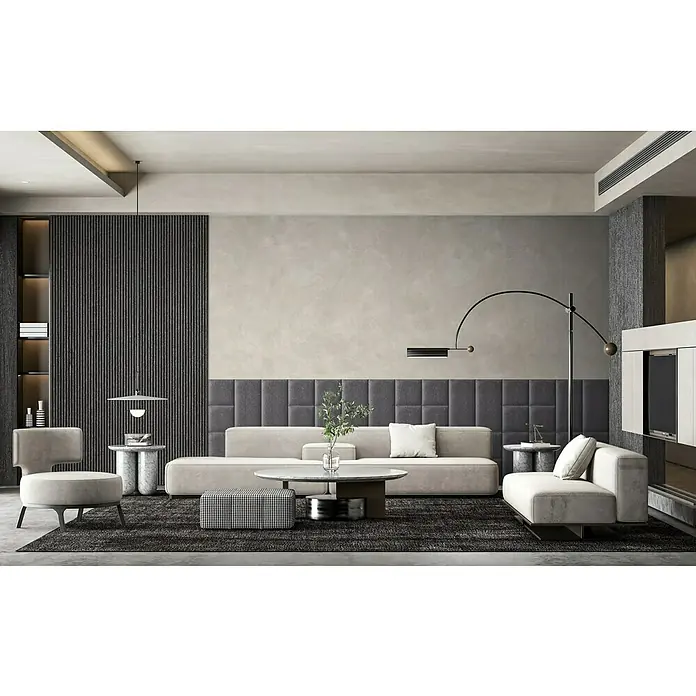 Fllow Wandpolster Wolke - Schoko, 30 x 30 cm - Elegantes Wohnzimmer mit bequemer Couch, stilvollem Sessel und modernem Couchtisch auf einem dunklen Teppich für ein gemütliches Ambiente.