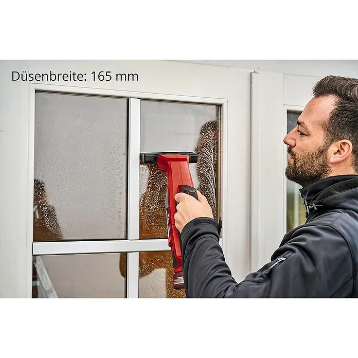 Einhell Düsen-Set BRILLIANTO - 2 -tlg. - Fensterreinigung mit einem Akku-Fenstersauger. Das Gerät ist rot und hat eine Düsenbreite von 165 mm.